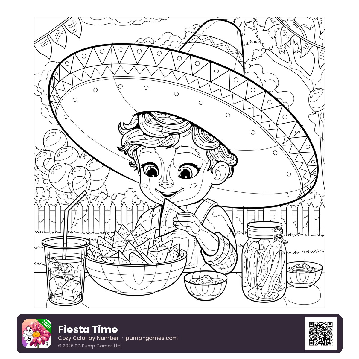 Fiesta Time — free printable boy in a sombrero eating nachos coloring page featuring a cheerful boy in a sombrero digging into a plate of nachos at a lively fiesta