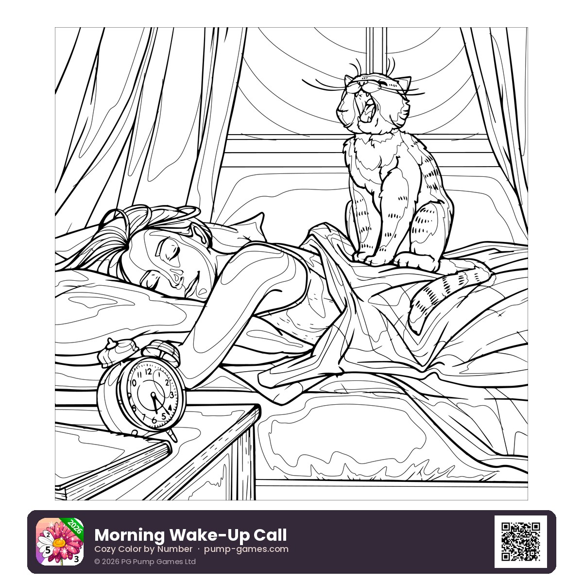Morning Wake-Up Call — free printable cat waking up a sleeping woman coloring page featuring a curious cat gently waking a woman who is still sleeping in a cozy bed