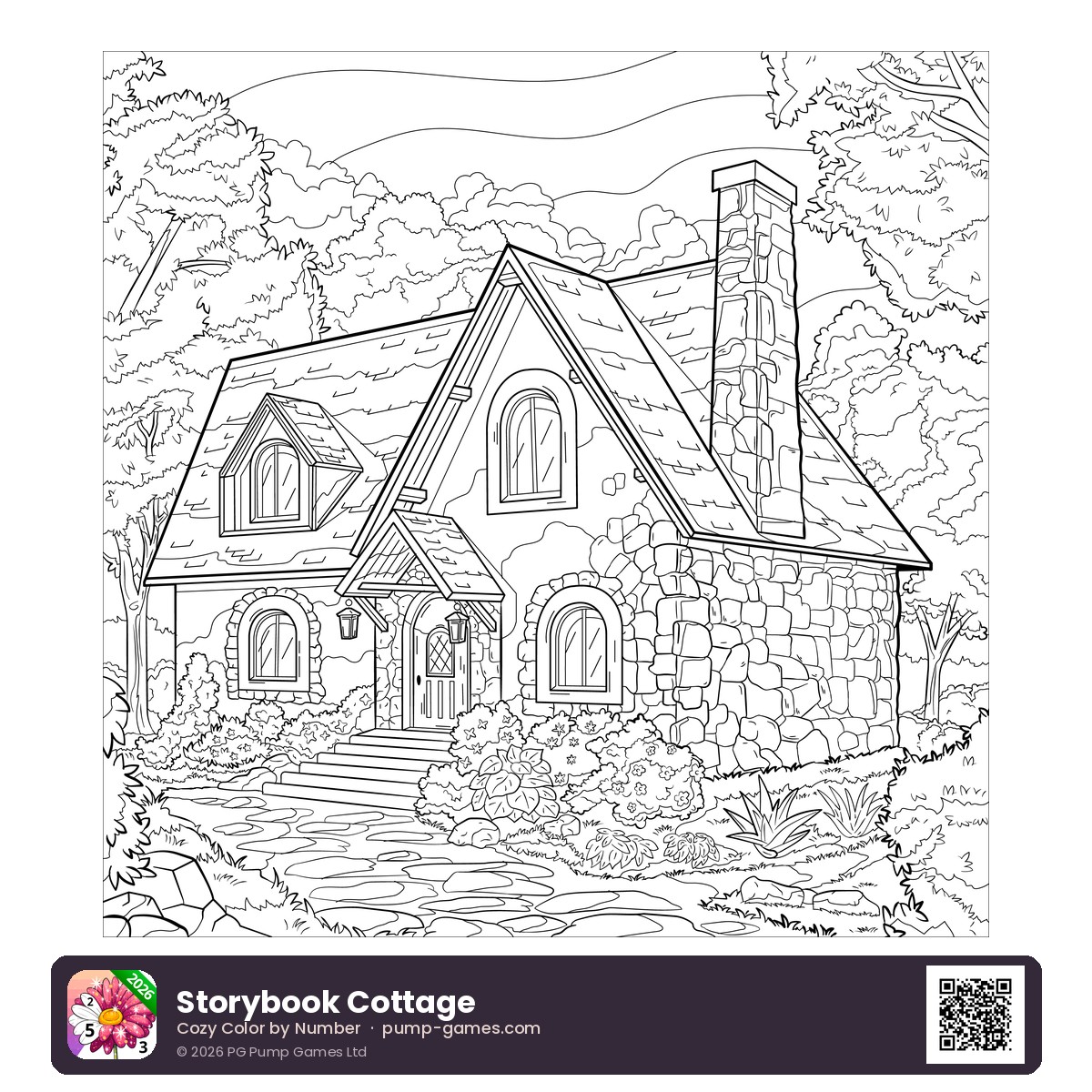 Storybook Cottage — free printable cozy cottage house coloring page featuring a cozy stone cottage tucked among trees, with a shingled roof, garden path, and climbing plants