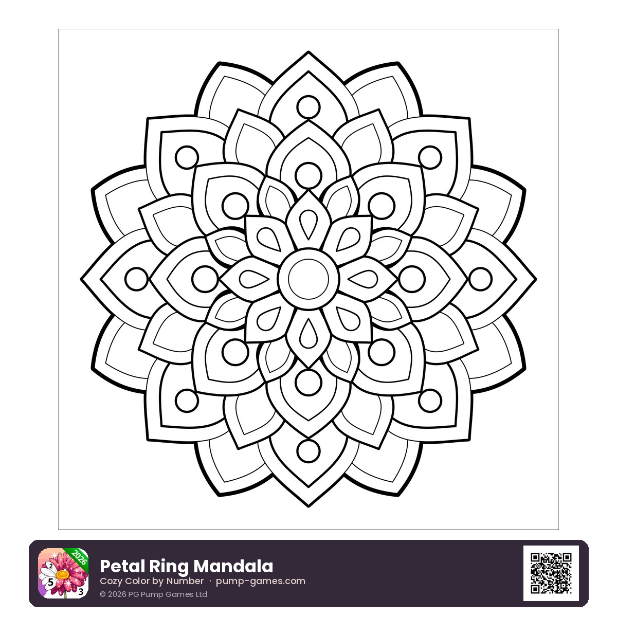 Petal Ring Mandala — free printable flower petal mandala coloring page featuring a soft mandala made of rounded, overlapping flower petals in gentle rings