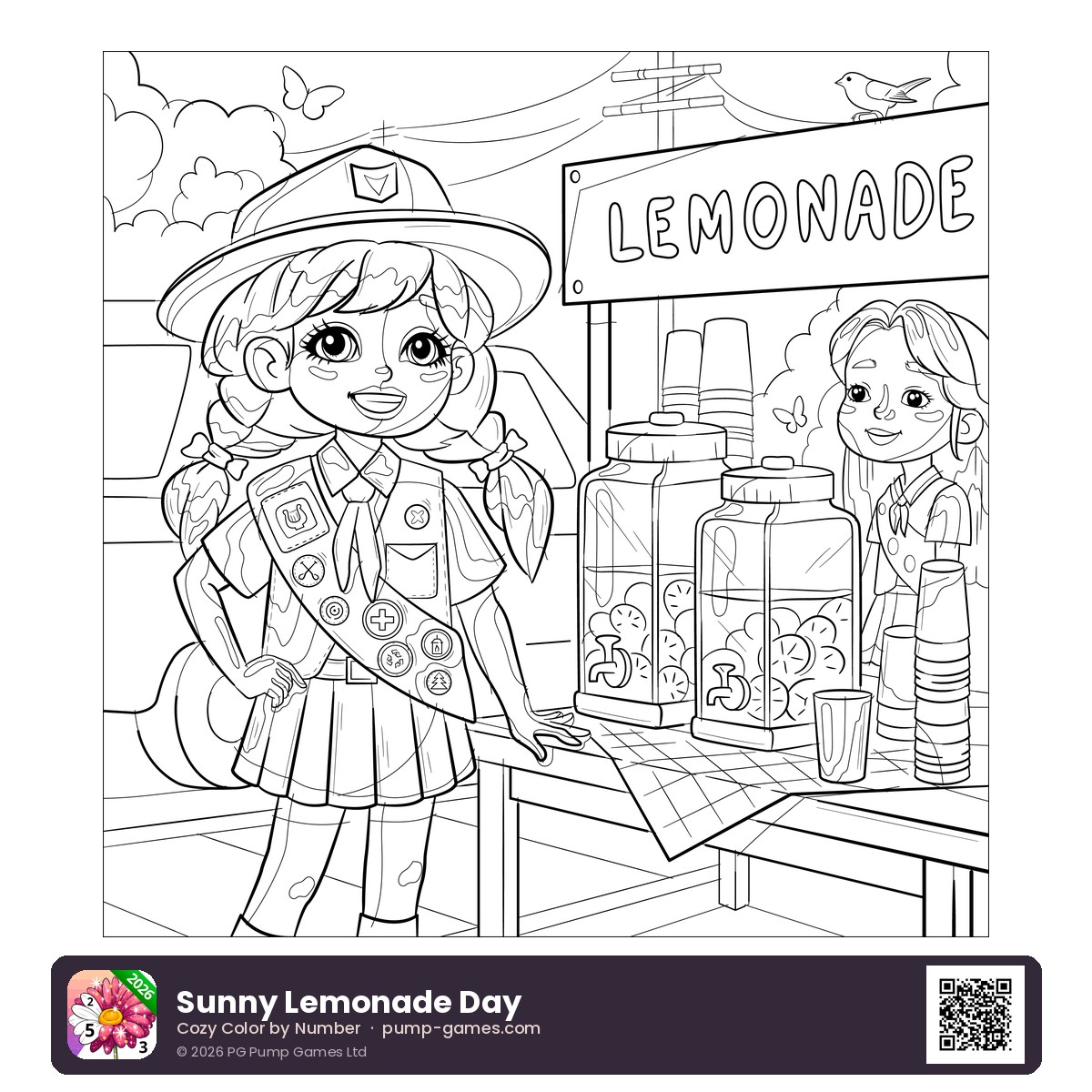Sunny Lemonade Day — free printable girl scout at a lemonade stand coloring page featuring a girl scout proudly running a lemonade stand with a friend, complete with jars of lemonade and a hand-painted sign