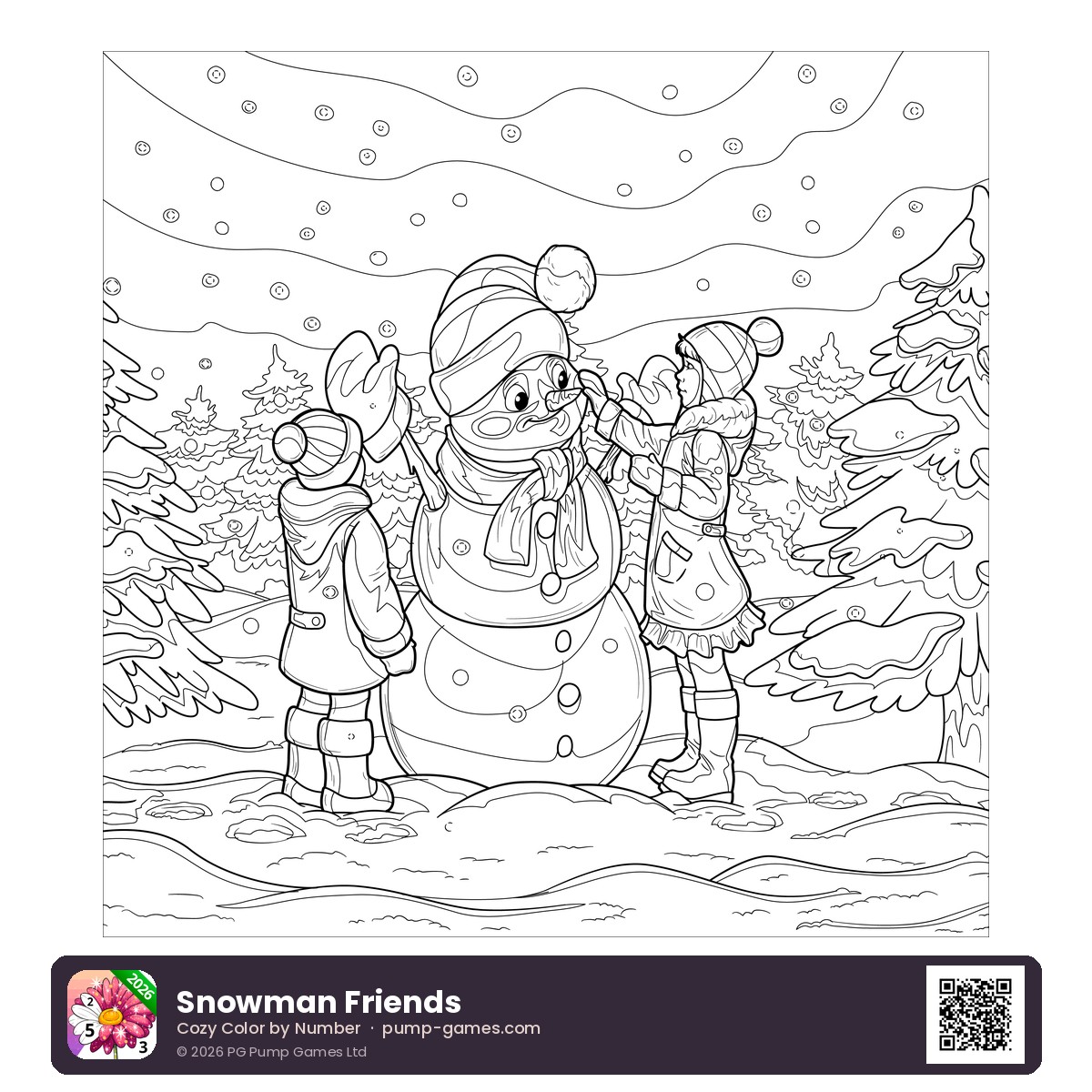 Snowman Friends — free printable kids building a snowman coloring page featuring two children building a snowman together in a snowy forest clearing, with a bird watching from a branch