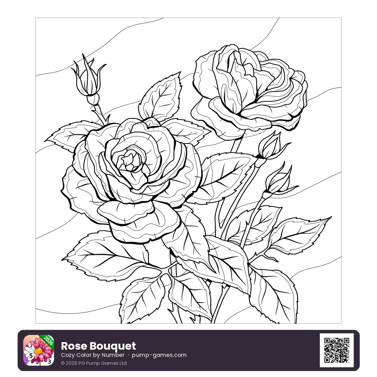 Rose Bouquet — free printable bouquet of roses coloring page featuring a full bouquet of roses in bloom, layered with soft petals and leafy greenery