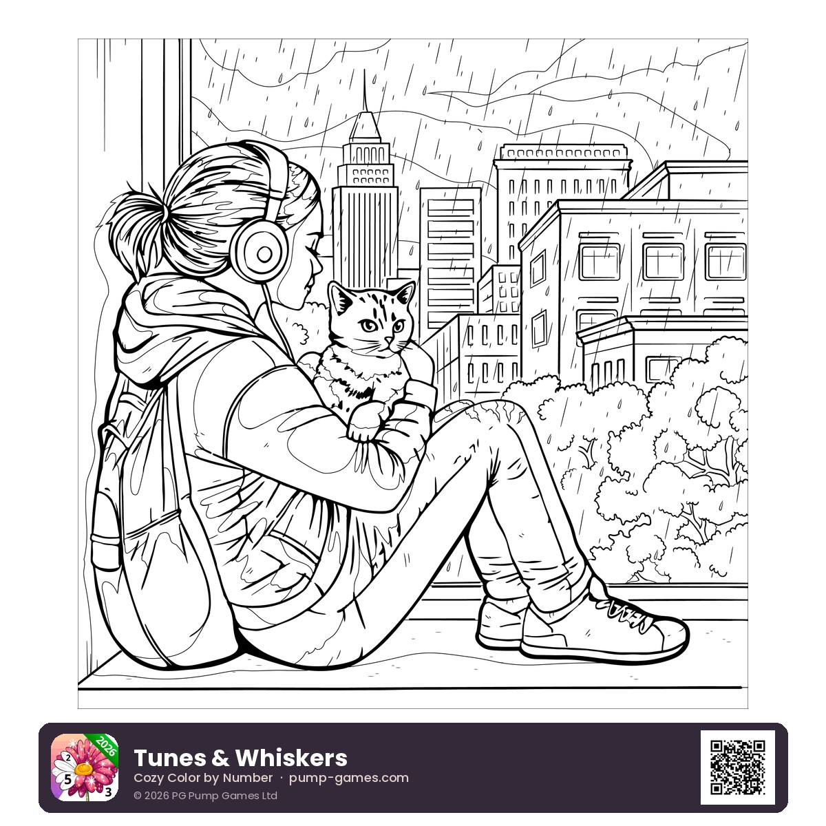 Tunes & Whiskers — free printable woman with headphones and a cat by the window coloring page featuring a woman relaxing with headphones on, her cat curled up beside her by a city window